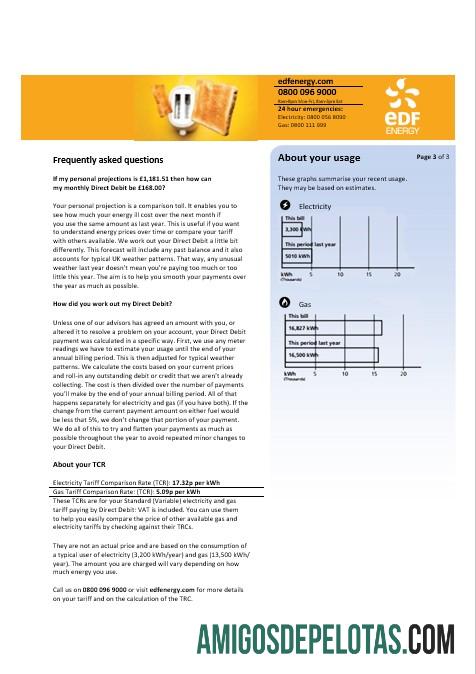 realista Modelo de conta de serviços públicos EDF do Reino Unido em formatos Word e PDF, 3 páginas 3